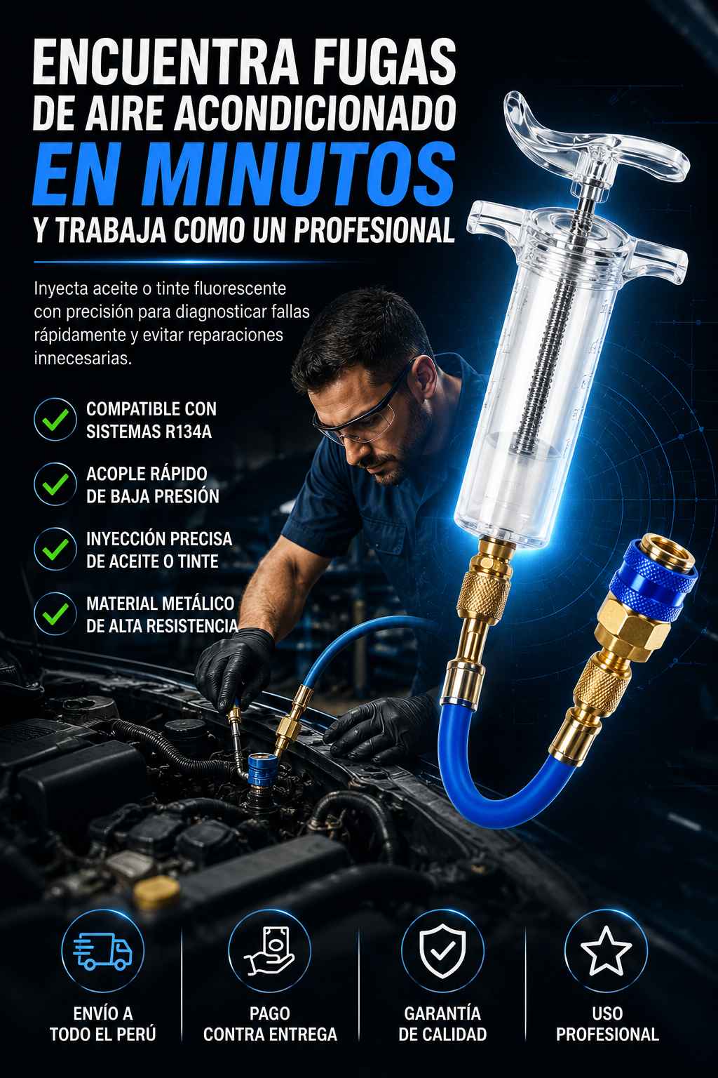 Kit Profesional para Diagnóstico de Fugas de Aire Acondicionado con Inyector de Aceite y Tinte R134A
