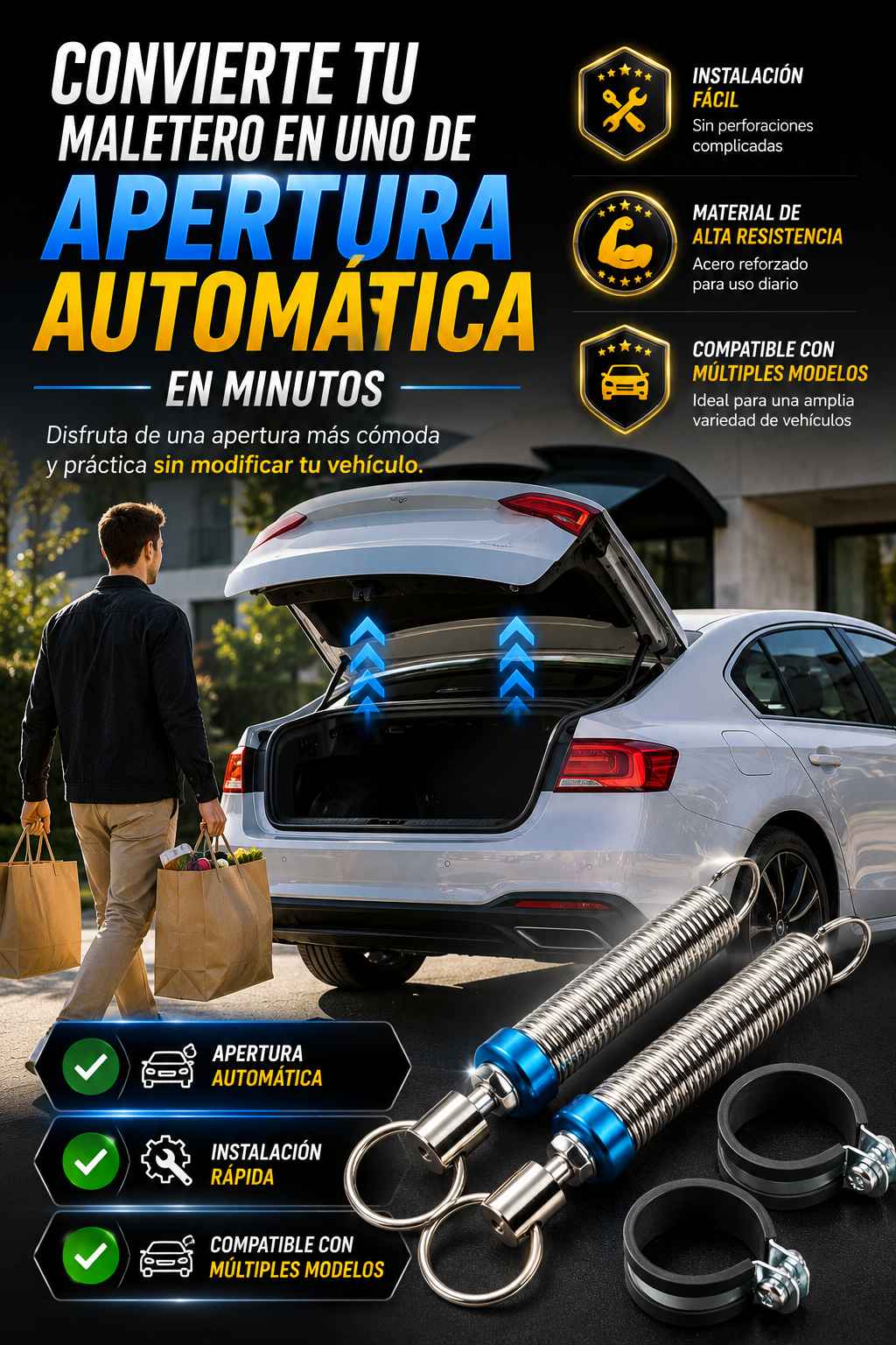 Kit de Apertura Automática para Maletero de Auto | 2 Resortes Ajustables