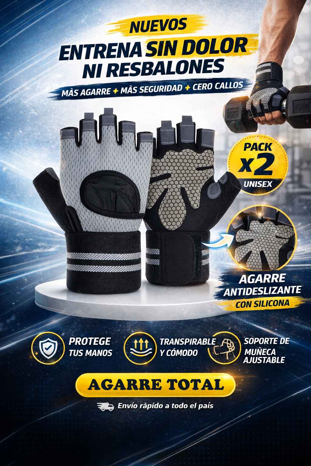 Guantes de Gym con Muñequera Antideslizante – Agarre Total y Protección