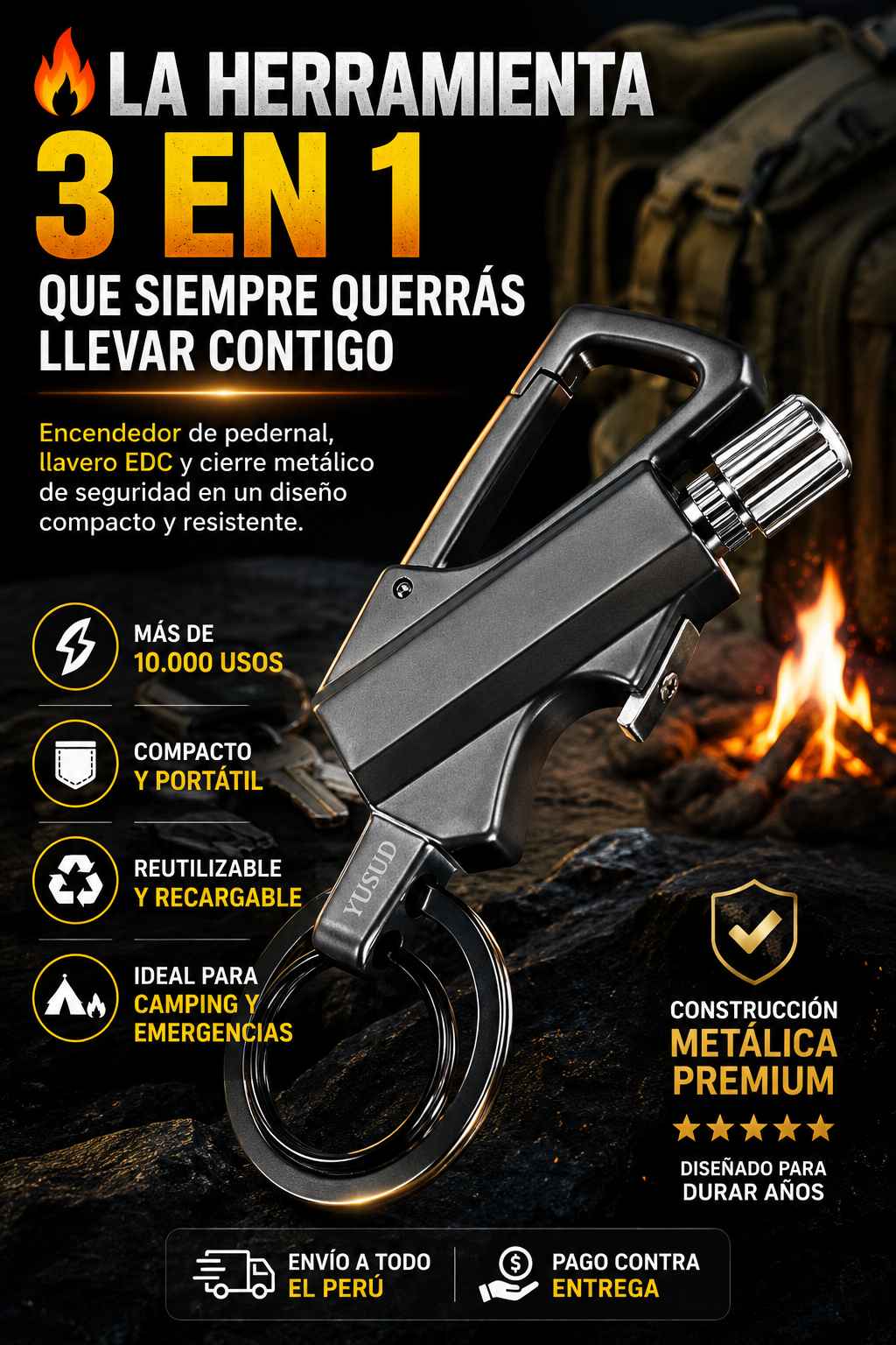 Encendedor Multifuncional 3 en 1 EDC | Resistente, Reutilizable y Compacto