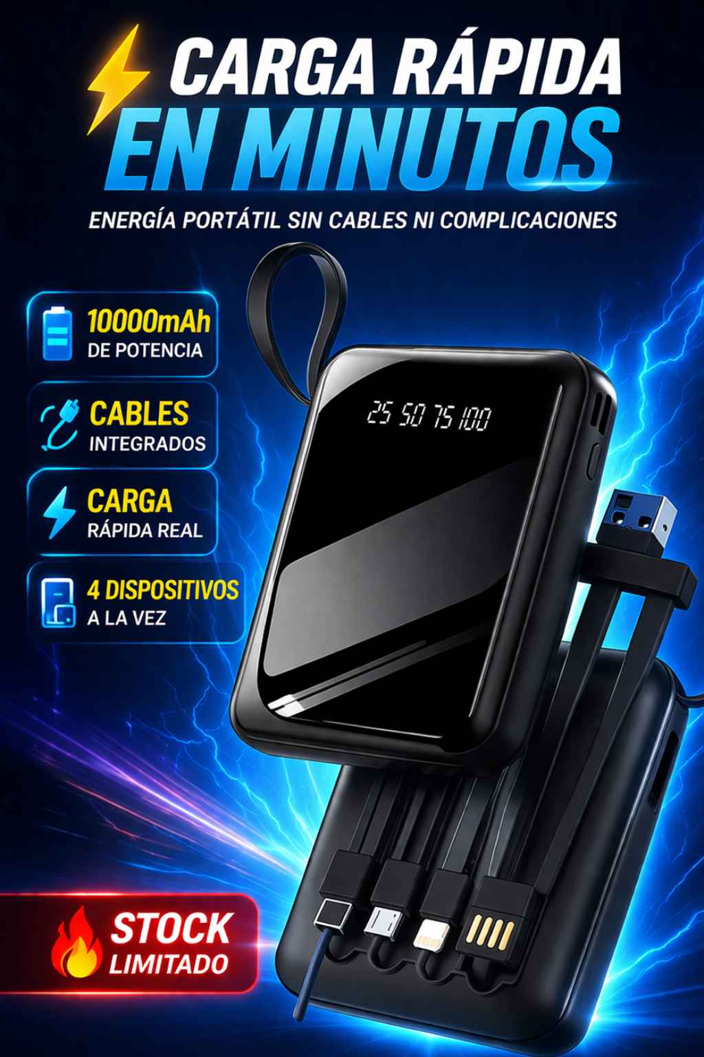 POWER BANK | Cargador Portátil de Carga Rápida con Cables Integrados