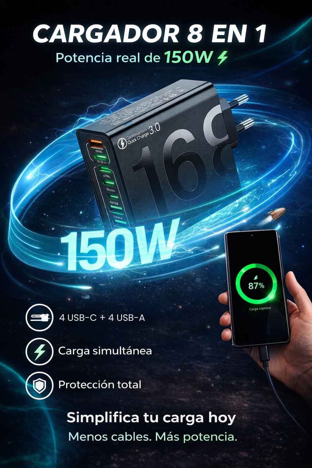 CARGADOR 8 en 1 de 150W | Carga Rápida Multidispositivo PD + QC 3.0